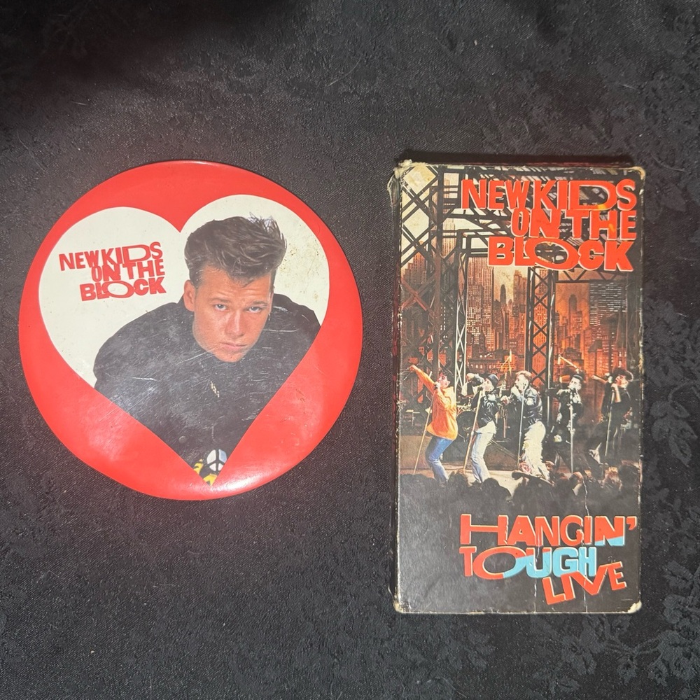 80s New Kids On The Block “Hangin’ Tough” VHS tape and big Donnie Wahlberg Pin